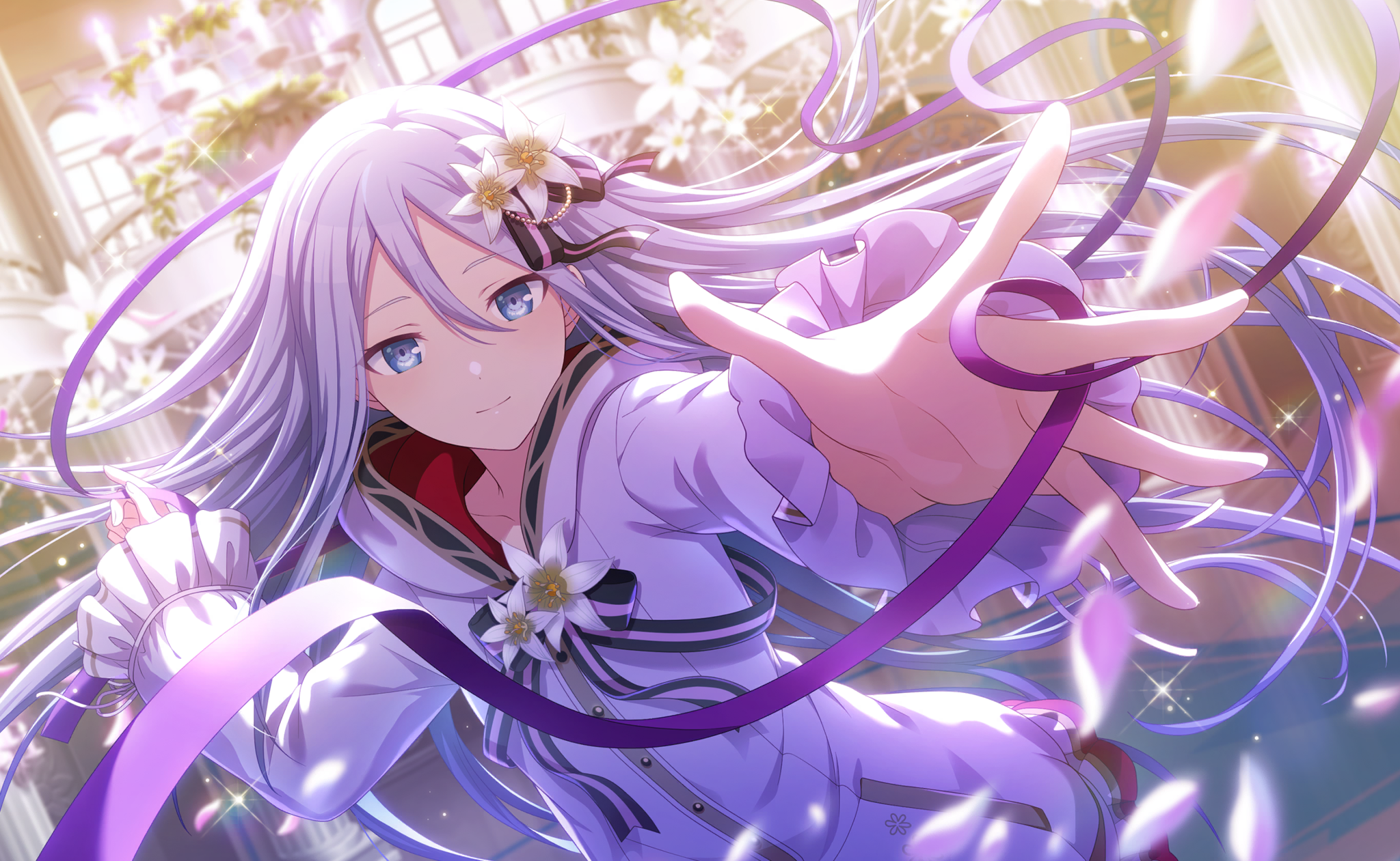 an animestyle illustration features a girl with long white hair and blue eyes, adorned with flowers and ribbons. she wears a purple dress and is reaching out her hand towards the viewer. light shines brightly, and petals are falling around her, suggesting an indoor setting with possible architectural elements in the background.