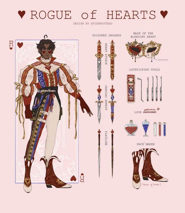 this image is a design for a rogue character with a playing card aesthetic, incorporating a heart theme and a suite of "weapons" that match this theme.  the card is a red card with a heart symbol on it and the design is in the style of a vintage illustration. the image is of a character that resembles the jack of hearts.  he is wearing a red and white patterned vest with a white shirt, white breeches, and red boots. he is holding a book in his left hand. there are several accessories shown for this character, all fitting the theme of the "rogue" or "joker". they are: daggers, lockpicks, a mask, potions, and boots. the character is standing on a pink background.  the image is titled "rogue of hearts." the caption below reads "design by @pierrotteau."