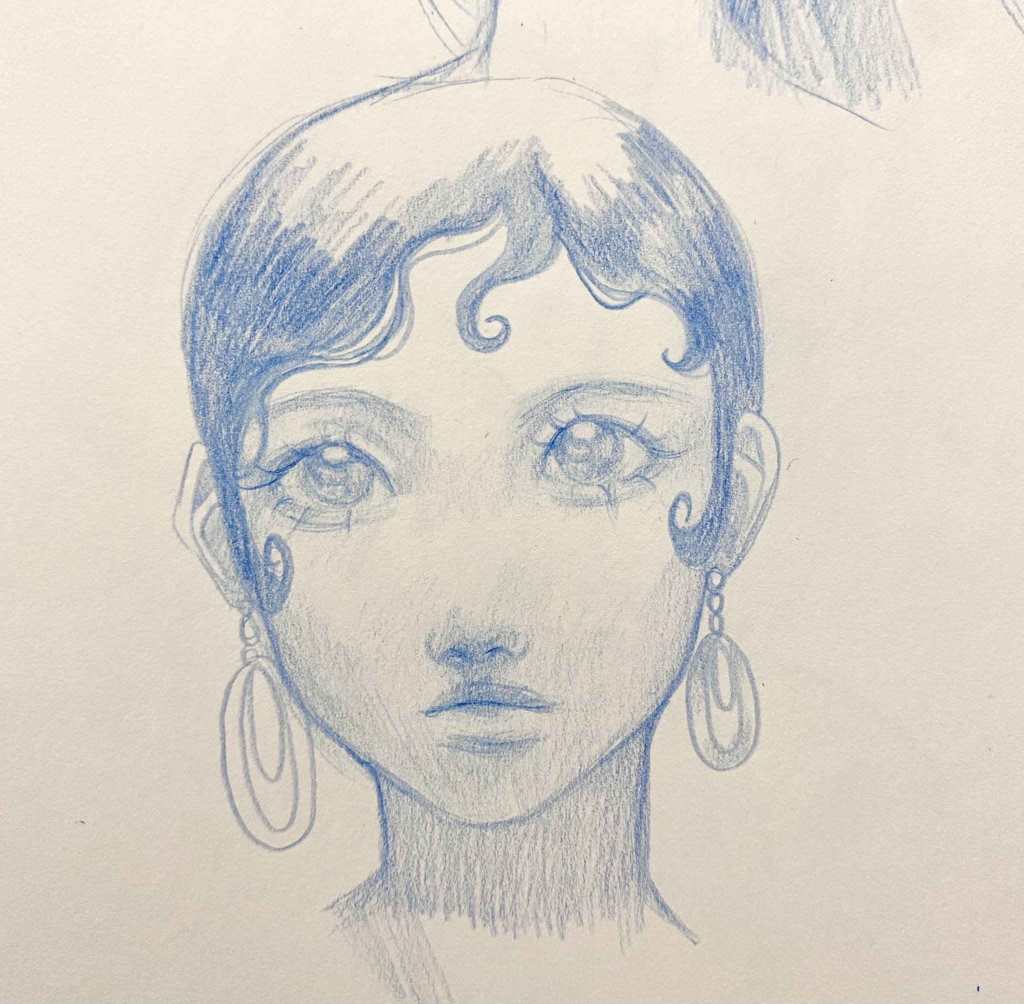 a blue pencil sketch of a woman's face with intricate hair and earrings.
