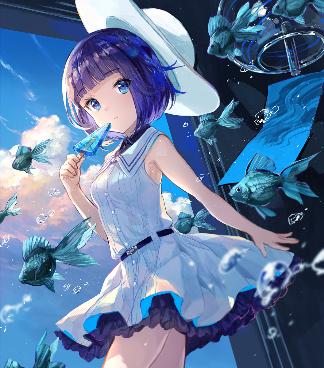 the image depicts a cheerful anime girl with short, vibrant blue hair and blue eyes. she's wearing a light blue summer dress with a sailor collar and a white sun hat. she's holding a light blue ice cream.  the background is a vibrant blue sky with fluffy white clouds and numerous blue goldfish swimming around her, creating a whimsical, dreamlike atmosphere. the girl's dress flows gracefully, and her overall expression and pose are lighthearted and carefree. the artwork style is detailed and expressive, typical of digital anime illustration.