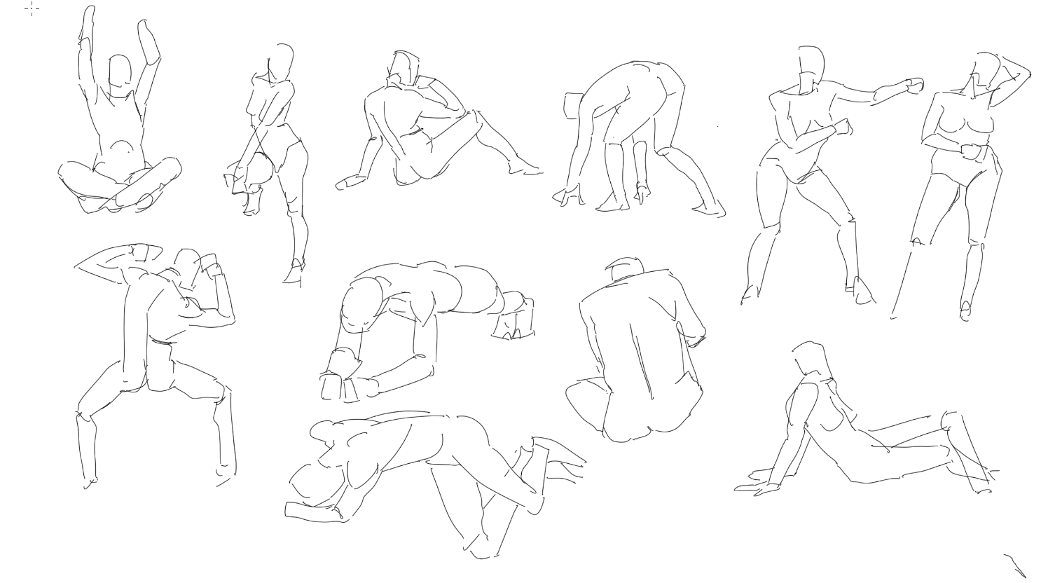 a series of quick figure drawings, exploring different poses. the drawings are done in a loose, sketchy style, focusing on capturing the movement and gesture of the human figure.