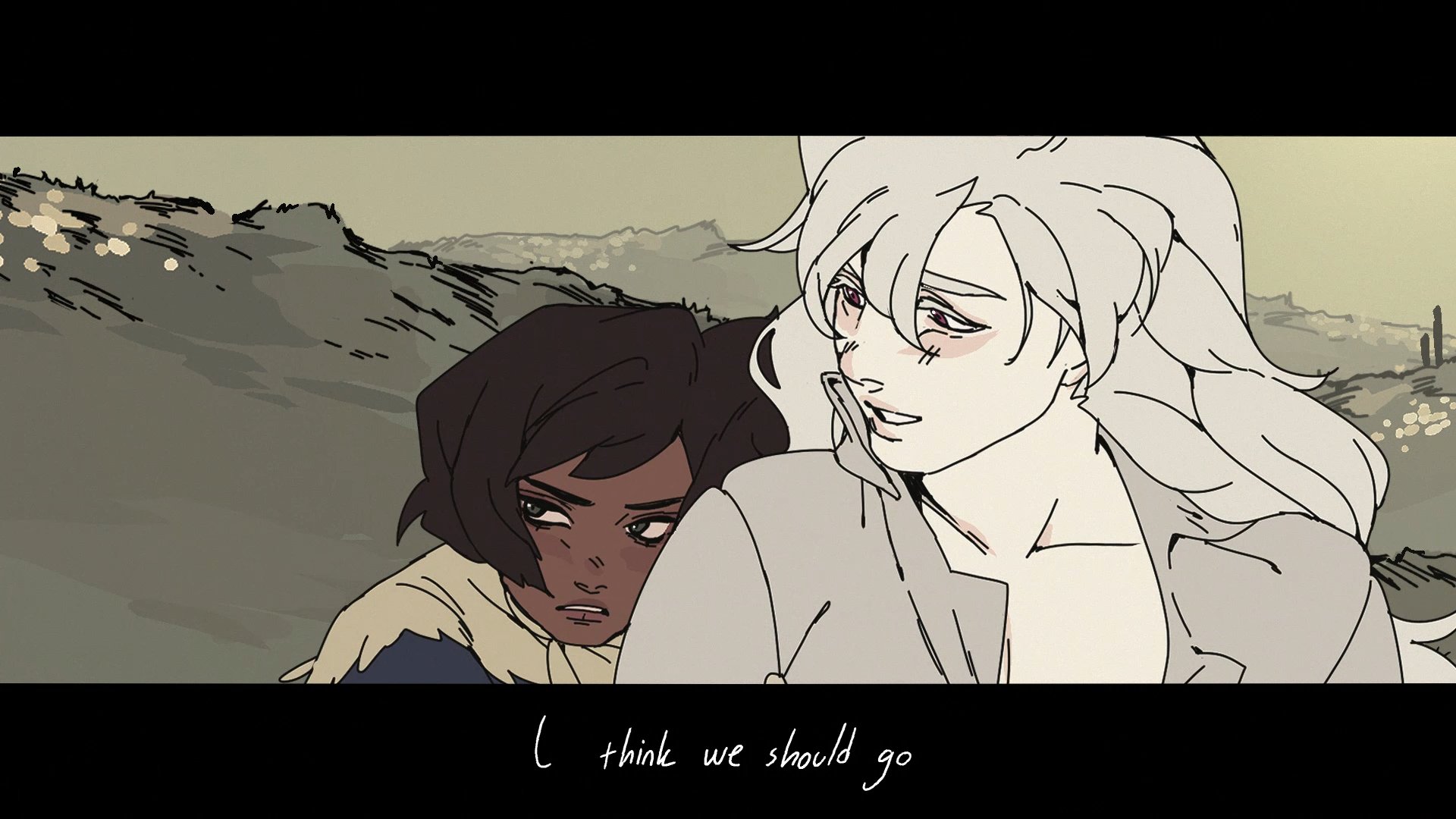a digital drawing of two anime women. the woman on the left is black with dark brown hair and is looking at the woman on the right with a worried expression. the woman on the right has long white hair and her eyes are closed. they are both looking down and hugging each other. there is handwritten text at the bottom of the frame.  the background is green with a blurry, textured effect.