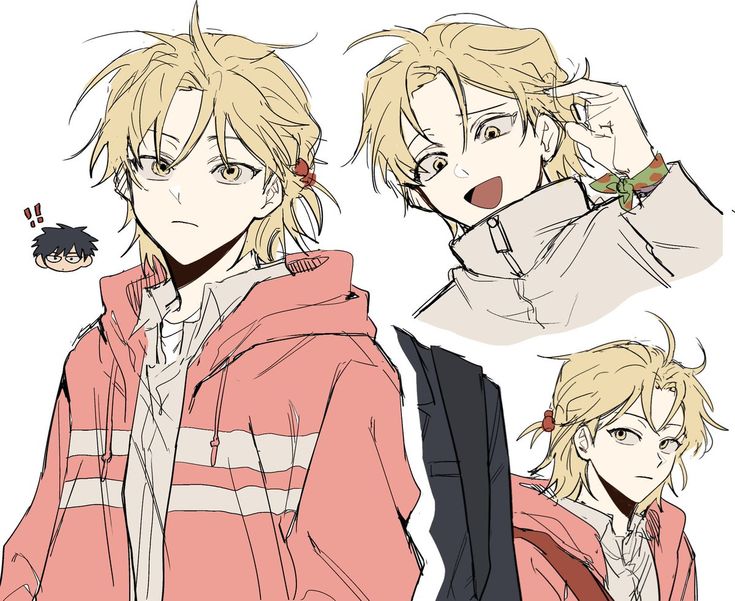 the image contains multiple sketches of a young male anime character with blond hair.  the character is depicted in different poses and expressions. one sketch shows him wearing a pink hoodie with white stripes,  another shows him in a lighter colored jacket, and a third shows him with his hair down slightly differently and wearing a slightly different pink hoodie.  a small, angry cartoon character is also present in the upperleft corner. the art style is reminiscent of manga or webtoon illustrations with a focus on clean lines and expressive features. the overall feel is casual and lighthearted.