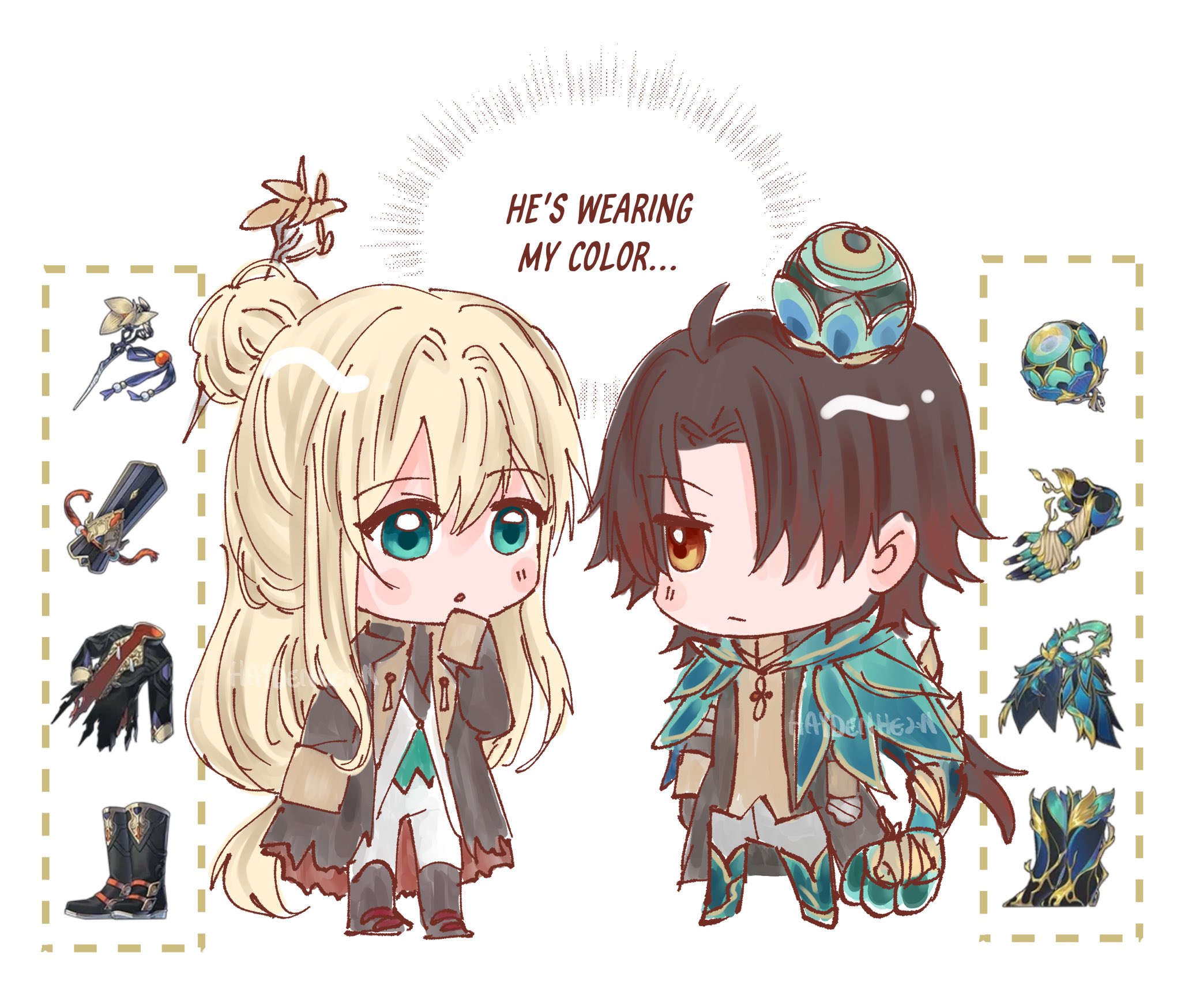 this is a cute animestyle illustration of a girl and a boy, drawn in a chibi style. the girl has long blonde hair tied up in a bun, with a small hair ornament. she is wearing a brown coat with a white shirt and pants, and she has a worried expression on her face. the boy has short brown hair and is wearing a  crownlike headpiece, a  light blue cape, a beige shirt,  and light blue pants.  he's got  golden eyes, and he looks slightly annoyed. they are standing together in a white background, and there are  speech bubbles above their heads.  the girl's speech bubble says "he's wearing my color..." and the speech bubble beside it shows various items, including a sword, boots, jewelry, and a crown.  the items in the speech bubble have blue hues.