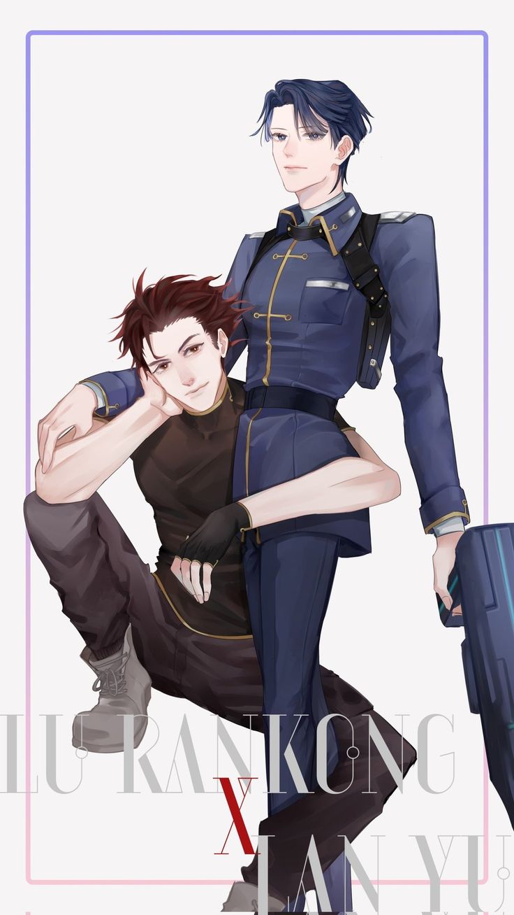 the image is a fanart depicting two anime boys, lu rankong and lan yi, in a close embrace.  lu rankong, with dark hair, is sitting with his arm around lan yi who is standing, wearing a dark blue militarystyle uniform and holding what appears to be a futuristic weapon.  the style is digital painting with soft shading and coloring, giving a soft, romantic feel despite the military setting. the background is simple, allowing the characters to be the focus. the characters' names are prominently displayed in the bottom section of the art.