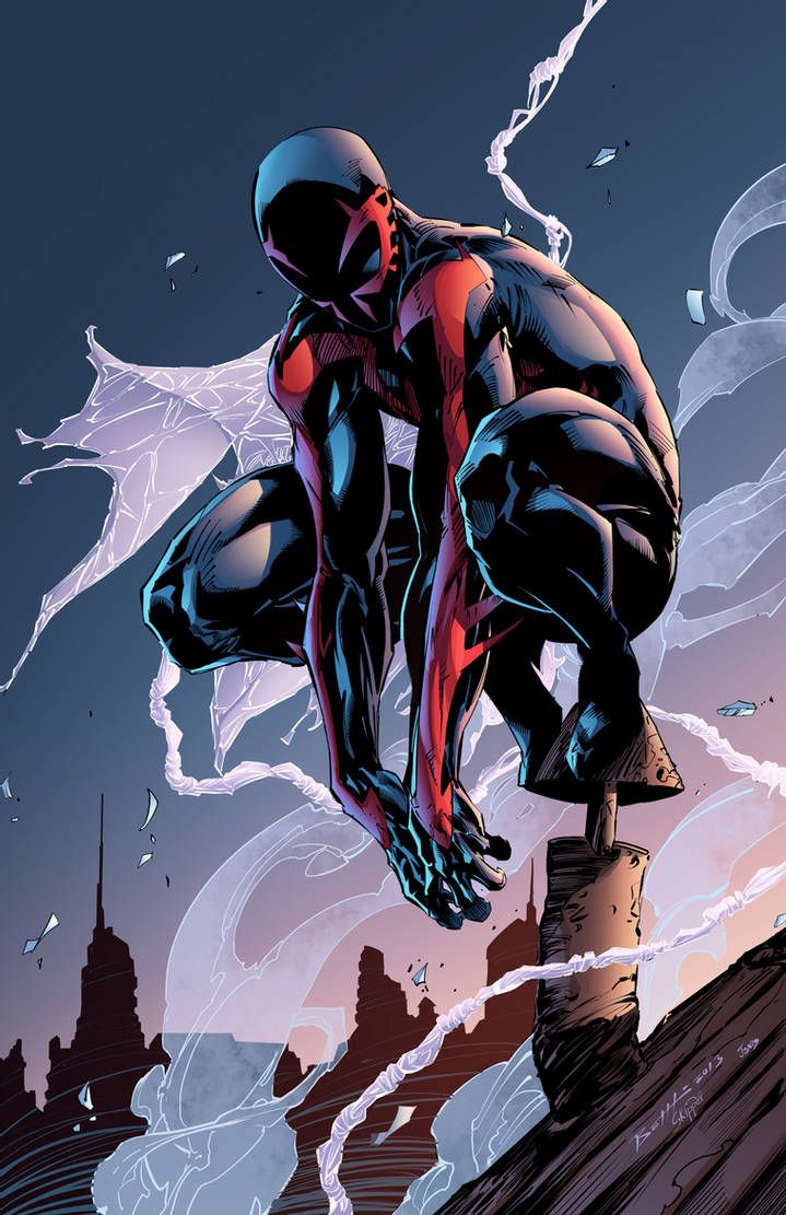 this is a comic book illustration of a superhero standing on a rooftop in a futuristic cityscape. the superhero is wearing a red and black suit with a mask, and is holding a web shooter in one hand. webs are shooting out of the web shooter and behind the superhero. the art style is detailed and realistic, with a strong focus on light and shadow. the illustration has a dynamic and actionpacked feel.