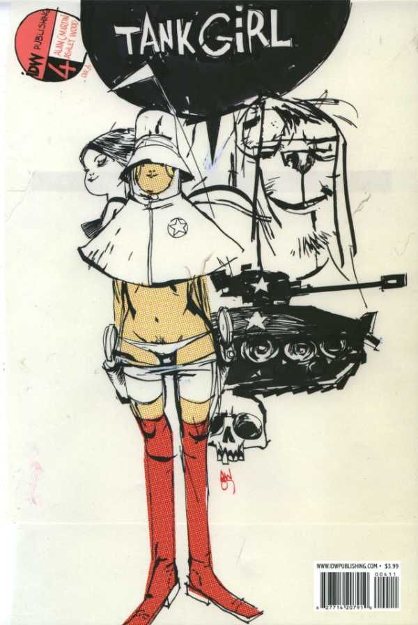 this is a comic book cover for tank girl issue number 14. the cover art features tank girl in a white suit and red boots, holding a gun and standing in front of a tank. the background is a black and white illustration of a city skyline with a futuristic feel. the cover also features the title "tank girl" and the publisher "idw publishing." the issue number is 14 and the price is $3.99. the cover is designed in a graphic style that is common for comic books and is meant to be eyecatching and attentiongrabbing. the cover features an actionpacked scene with tank girl in a powerful pose, which is meant to entice readers to read the story within the comic book.