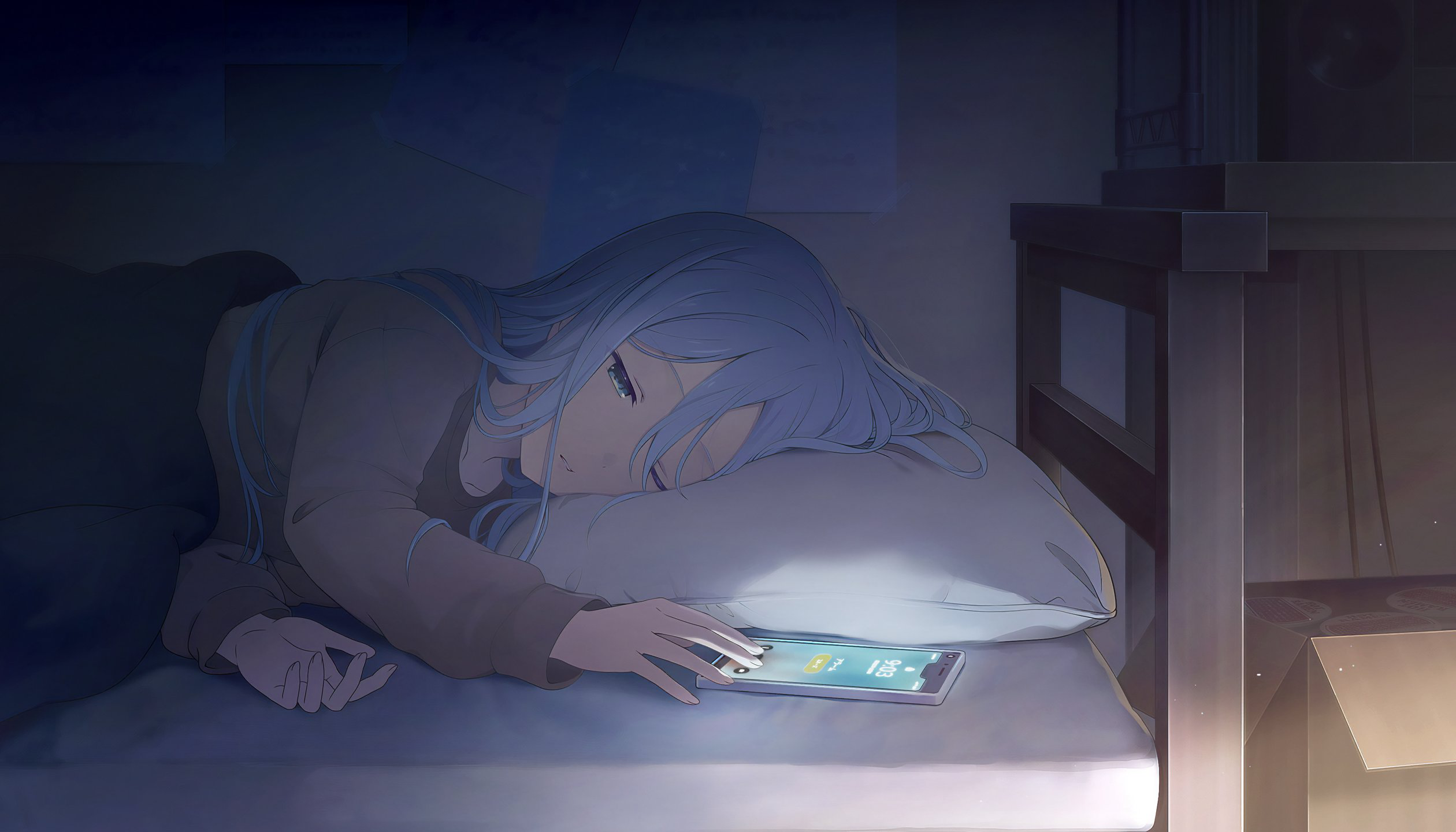an animestyle illustration of a woman with blue hair lying in bed at night. she is on her side with her head resting on a pillow, and her hand is on a smartphone that is illuminated. the room is dimly lit, and there is a nightstand next to the bed.