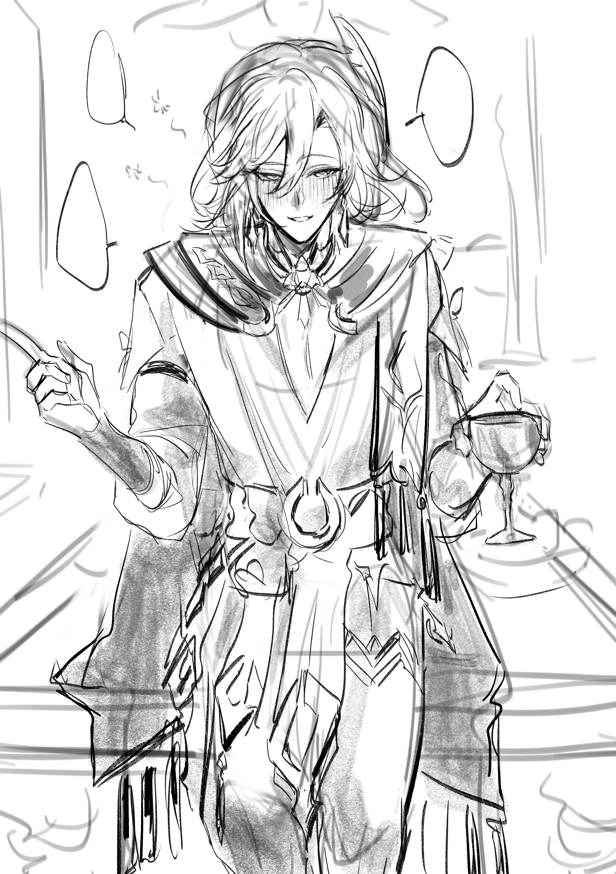 a sketch of a male anime character in an elegant outfit, holding a glass of wine. he is smiling playfully and his gaze is directed to the right. there are speech bubbles in the background, which suggests that he is engaged in a conversation. the drawing style is typical of japanese manga and anime.