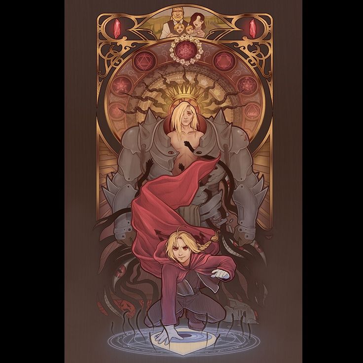 the image is a detailed illustration featuring characters from the anime and manga series "fullmetal alchemist". at the bottom is edward elric in a red cloak, crouching over a transmutation circle. above him is alphonse elric in his armor form, and behind them is a character with long blonde hair, possibly a younger version of edward. in the top section, a family is depicted, and the overall design includes geometric shapes and symbols associated with alchemy. the style is reminiscent of stained glass art.