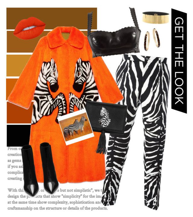 the image showcases a women's fashion collage, emphasizing a bold and playful style. the central item is an orange fur coat adorned with a zebra print pattern. the ensemble includes zebra print pants, a black crop top, a zebra purse, and black heeled boots. accessories include hoop earrings and a gold belt. a swatch of orange lipstick and an image of zebras in the wild complete the look. a text overlay titled "get the look" indicates the purpose of the collage is to showcase the complete outfit.
