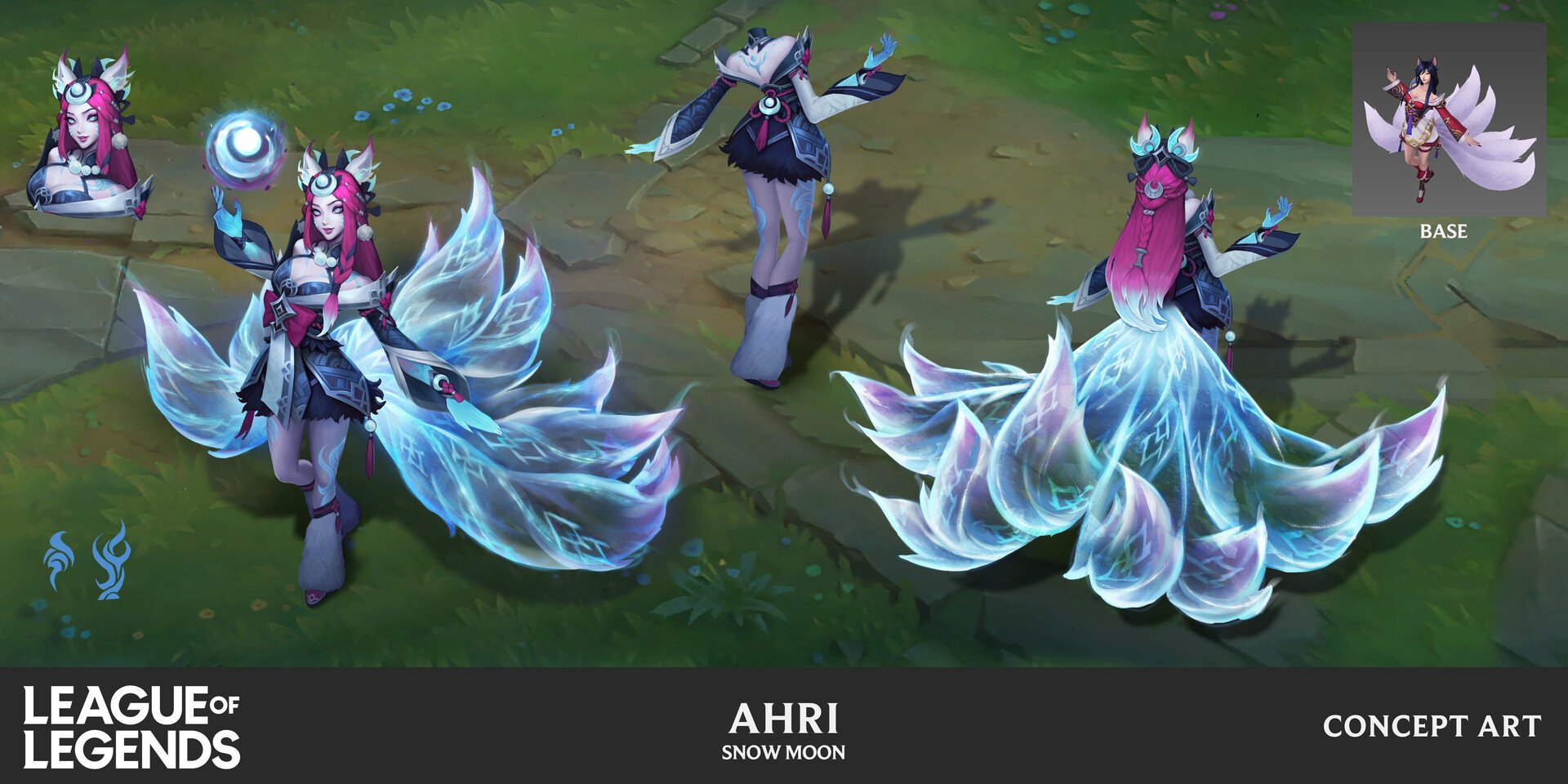 this image is a concept art piece for a new skin for the league of legends champion ahri.  the skin is called "snow moon" and depicts ahri in a winterthemed, japaneseinspired kimono with icy blue and purple ninetailed fox features. the artwork shows ahri from multiple angles, including a full body view, back view, and closeup of the face.  there's also a smaller image showing the base skin of ahri for comparison. the overall style is a digital painting with a high level of detail and vibrant colors. the image also includes the league of legends logo and "concept art" label.