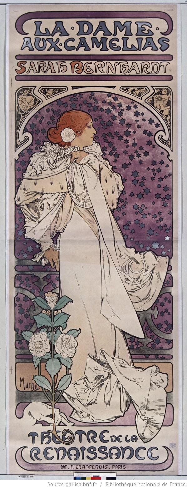 this is an art nouveau theatrical poster advertising the play "la dame aux camelias" starring sarah bernhardt, designed by alphonse mucha. the poster depicts a woman in a white gown and furtrimmed robe, holding a stem of camellias. the background is a purple field with starlike shapes. the top of the poster reads "la dame aux camelias" and "sarah bernhardt". the bottom of the poster reads "theatre de la renaissance".