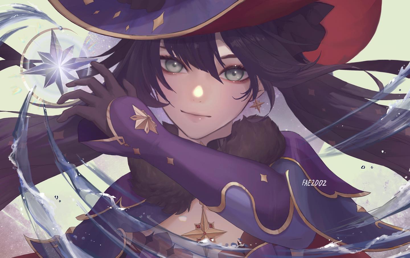 a digital illustration of an animestyle girl with long black hair and green eyes. she's wearing a red hat and a purple dress adorned with stars and golden details. she holds a glowing crystal star in her hand. water appears to be flowing around her, creating a sense of motion. the overall style is elegant and magical, reminiscent of fantasy artwork. the artist's signature "fae2002" is subtly placed on the image.