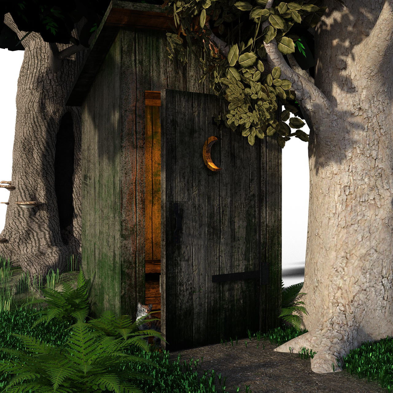 an image of an outhouse at night in the woods. the outhouse is made of wood and has a crescent moon symbol on the door. there is a cat peaking out from behind the fern near the outhouse's door. the outhouse is surrounded by trees, ferns, and grass. a path leads up to the outhouse.