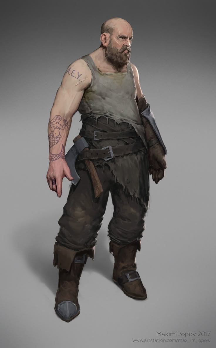 a fullbody illustration of a bald, bearded man with tattoos on his arm wearing a tank top, tunic, and trousers with boots. he is also wearing belts, has an axe strapped to his waist, and has gloves on one hand.