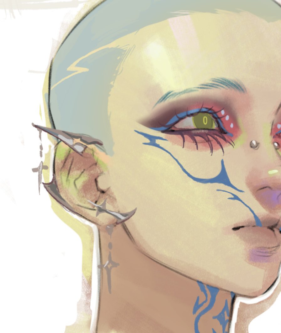 this is a digital illustration of a closeup portrait.  it features an androgynous figure with a shaved head, adorned with elaborate makeup and jewelry. the makeup incorporates pastel colors and sharp lines, resembling tribal markings.  the figure is also wearing multiple earrings and has elongated, pointed ears, reminiscent of elves in fantasy literature. the illustration is rendered in a soft, painterly style with a focus on light and shadow, creating a sense of ethereal beauty.