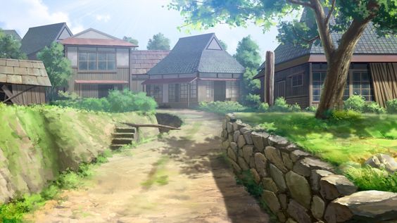 an anime illustration of a small village street. there are traditional japanese houses with brown roofs and wooden walls on both sides of the dirt street. a stone wall borders the left side and a grassy yard is on the right.  the sky is blue and there are fluffy clouds. lush green trees and plants abound.  the scene is idyllic and peaceful.
