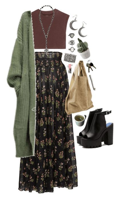 the image shows a styled outfit. it features a floral print maxi skirt, paired with a brown crop top and a green cardigan. the outfit is complemented by black platform heels. accessories include crescent earrings, silver rings, a cactus in a pot, keys, a silver charm bracelet, and a necklace. a tan tote bag is also part of the ensemble. a mug is present in the image.