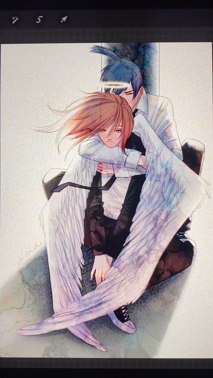 the image is a digital painting in a soft, pastellike style. it depicts a young man with blue hair and a halo embracing a girl with long reddishbrown hair.  the girl has large, expressive eyes.  both are depicted with large, translucent, palecolored angel wings. they appear to be sitting or crouching together on a somewhat indistinct ground. the overall mood is emotional, melancholic, and romantic. the art style is reminiscent of anime and manga, and the composition emphasizes closeness and intimacy. the background is very simple, allowing the figures to take center stage. the artist's signature "linka" is subtly visible in the bottom left corner.