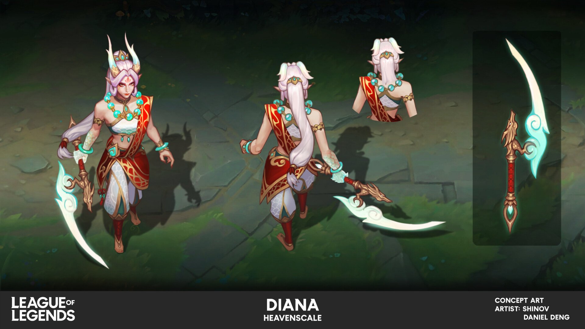 this image is concept art for a new skin called "heavenscale" for the league of legends champion diana.  the artwork shows diana from multiple angles, highlighting her design details.  she is depicted in a flowing, elegant outfit inspired by chinese aesthetics, featuring red, gold, and white tones accented with jade. her weapon, a unique crescentshaped blade, is also showcased separately.  the style is vibrant and detailed, typical of highquality video game concept art. the artwork is credited to artist shinnov and daniel deng.