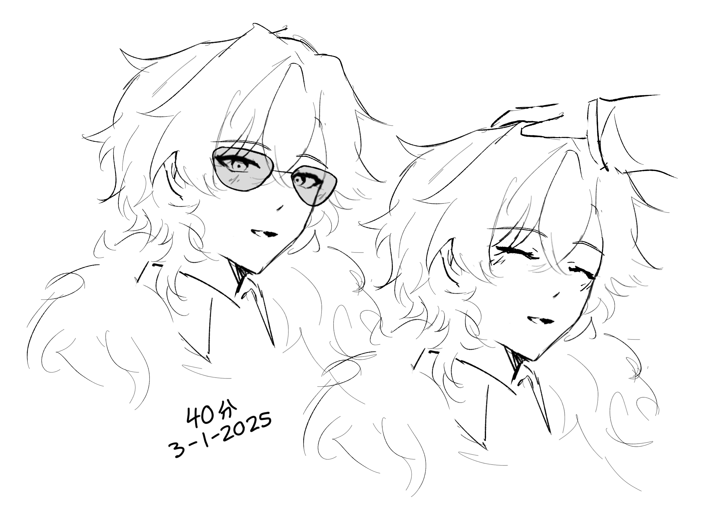 a sketch of two animestyle figures, one wearing sunglasses and the other with a hand on their head.