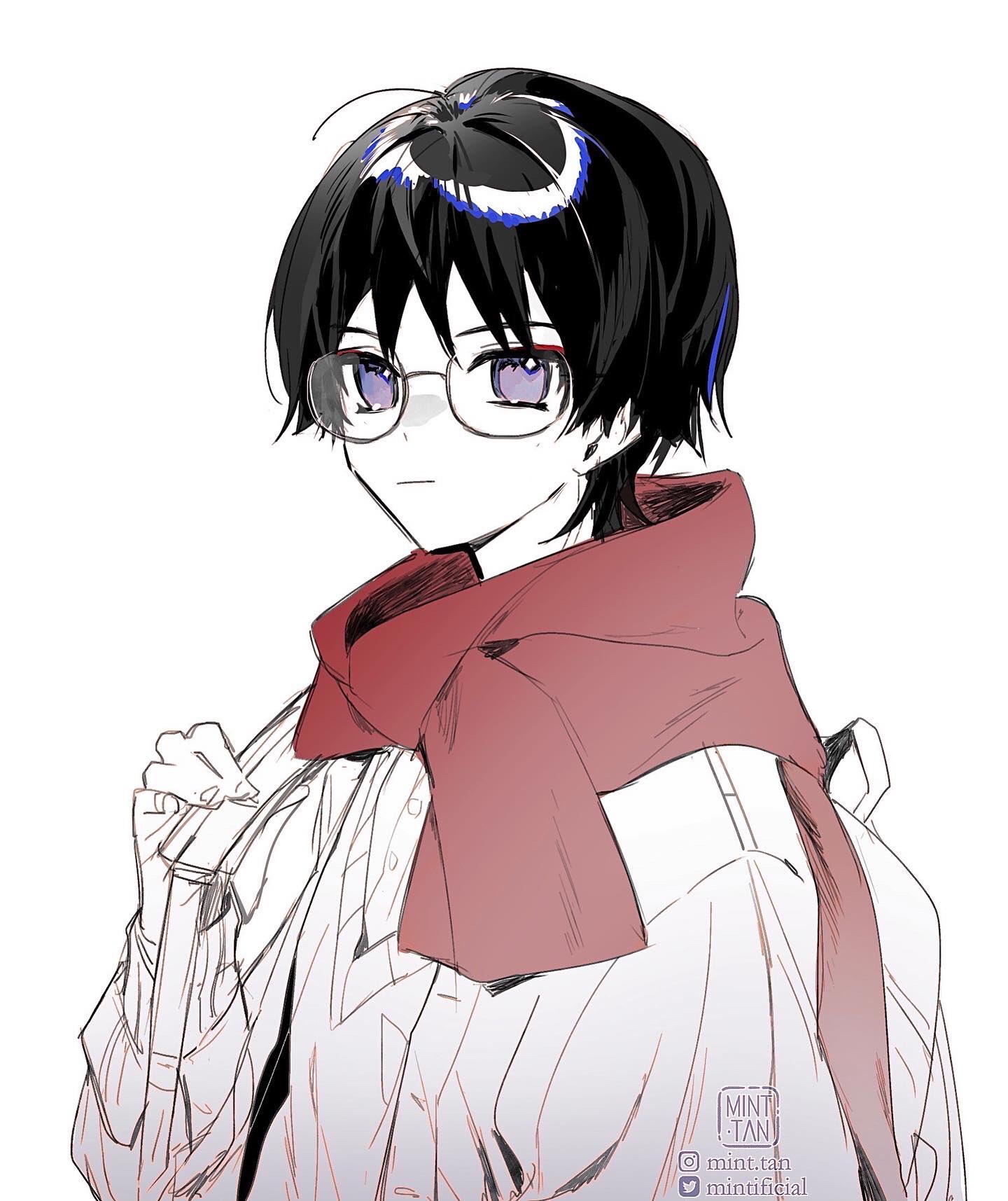 a digital drawing of an anime girl with short black hair, wearing glasses, a red scarf, a white shirt, and a black backpack. she is looking to the left, her expression is calm and serene. the style of the art is sketchy and casual, with a focus on linework. the overall vibe of the image is cute and sweet.