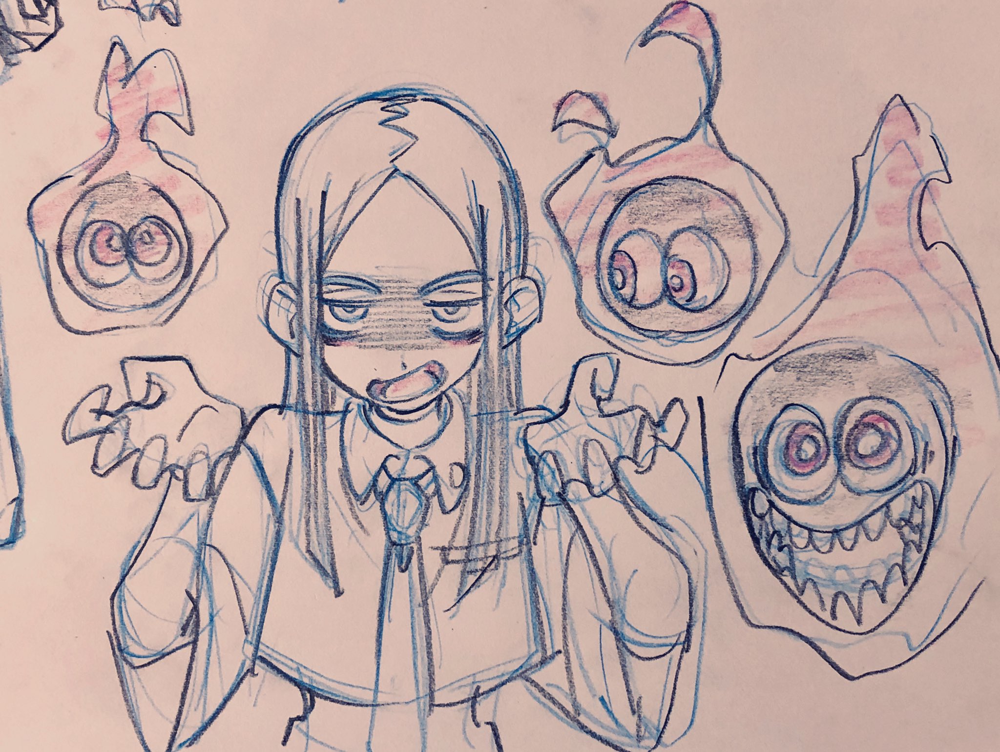the image is a black and white sketch of a girl surrounded by four creatures with big eyes and toothy grins. the girl has an annoyed expression on her face. the drawing is done in a cartoonish style.