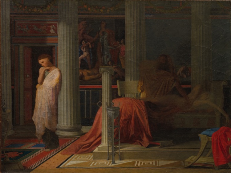 this painting depicts an interior scene in ancient rome, rendered in a neoclassical style. a woman in a toga stands pensively near a column and doorway, while another figure reclines on a bed in the background. the room features classical architectural elements, including columns, a mural, and a geometricpatterned floor. a red cloth drapes over a small table. the overall atmosphere is somber and introspective.