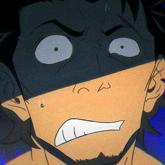 the image shows a closeup illustration of a man's face. he appears to be experiencing a moment of intense fear or shock, with wide, terrified eyes and a grimace. the artistic style is reminiscent of anime or manga, and the use of contrasting light and shadow adds to the dramatic effect.