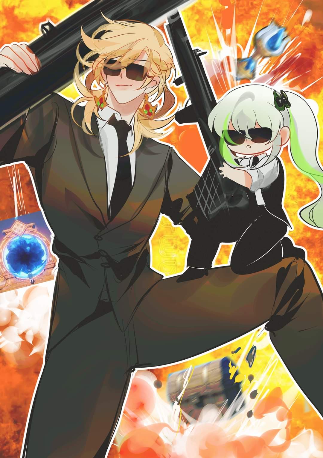 the image is a dynamic and stylized piece of digital fanart depicting a man and a young woman, possibly anime characters, in a highly actionoriented scene. the man is tall, with blonde hair and sunglasses, wearing a dark suit, carrying a large rocket launcher. the woman is smaller, has vibrant green hair, also wears sunglasses, and carries what looks like a smaller firearm. both characters have a cool, confident demeanor.  the background is an explosion of fiery orange and yellow, emphasizing the actionpacked nature of the scene.  the overall style is reminiscent of anime or manga artwork with vibrant colors and dynamic linework.  the image conveys a sense of teamwork and power.
