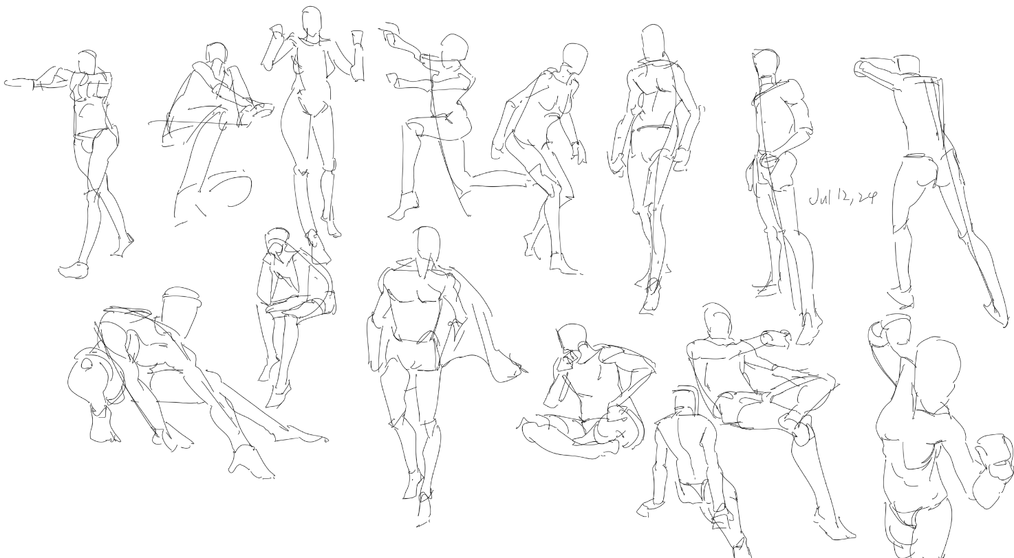 this is a page of gesture drawings of the human figure in a variety of poses.  the drawings were done quickly in pencil.