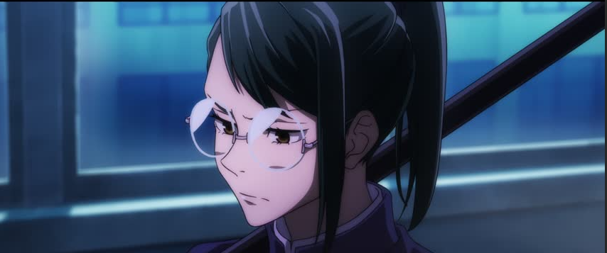 the image is a closeup shot of an animestyle female character. she has dark hair pulled back in a ponytail, round glasses, and is wearing a dark purple or bluishpurple collared shirt or jacket.  she has a serious or pensive expression on her face.  part of a katana or long sword is visible behind her. the setting appears to be indoors at night, with bluetoned lighting reflecting off a window in the background.  the overall style is consistent with modern anime animation.