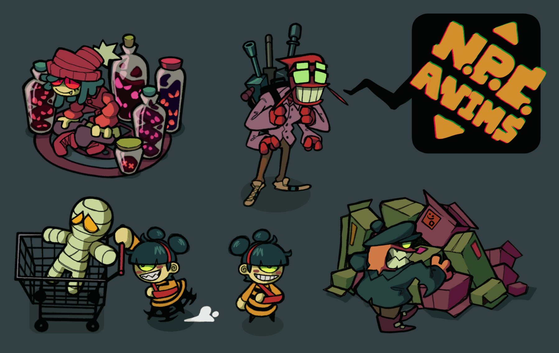 the image showcases character designs that appear to be from a video game, potentially within a shop or market setting. there are five distinct characters present. first, a potion seller surrounded by various bottles, likely their wares. second, a lanky character with a backpack and weaponry. third, twin characters with shopping carts, one seemingly chasing the other. fourth, a delivery person surrounded by boxes. lastly, a sign reading "n.p.c. rhythms," hinting at the characters' roles within a game. the art style is cartoonish with a focus on bold lines and vibrant colors.