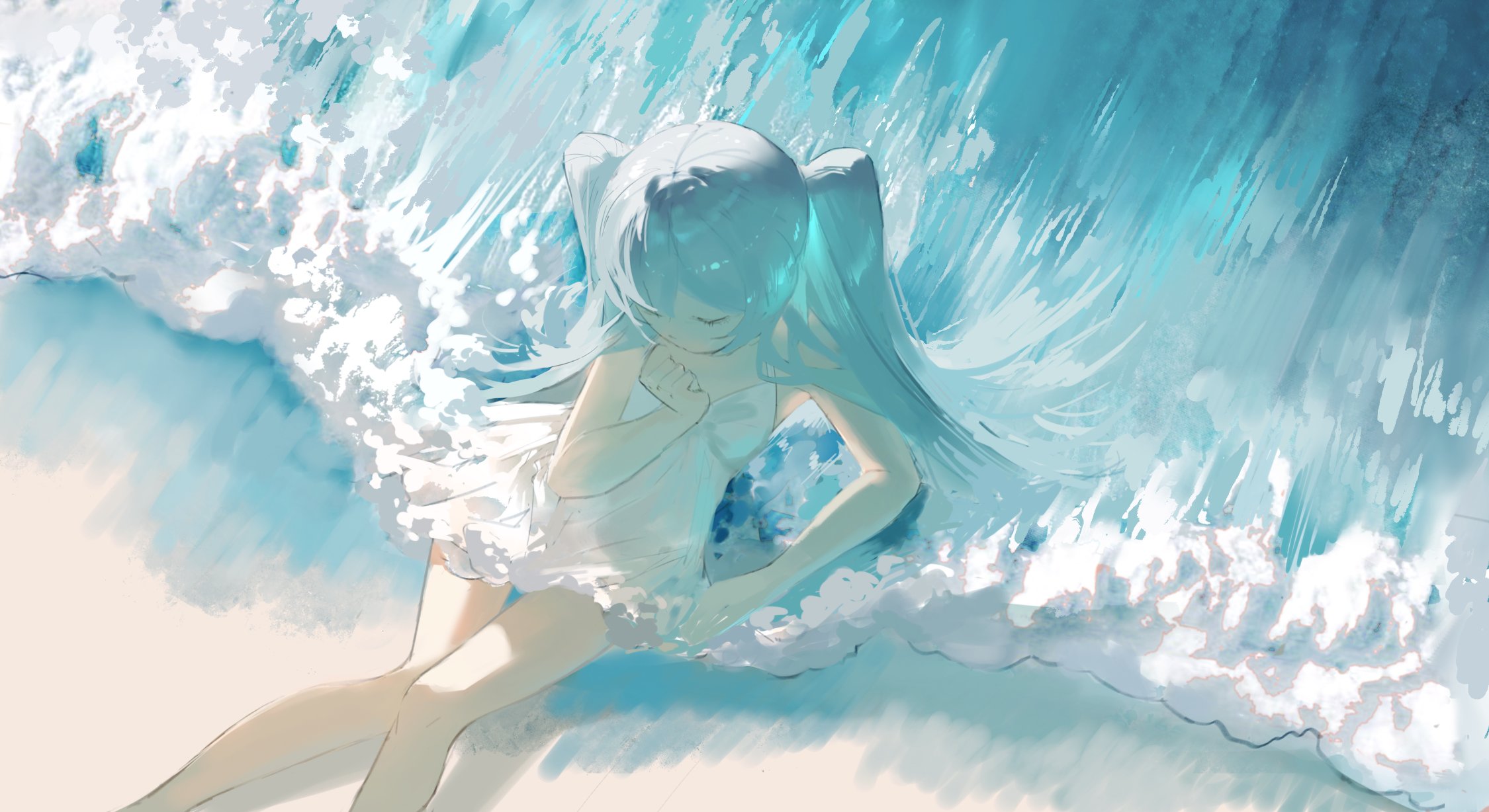 the image is a digital painting of an animestyle girl with long teal twintails sitting on a beach amidst crashing waves. she is wearing a white dress and appears peaceful and serene. the style is soft and pastel, with a light and bright color palette.  the waves are depicted with a watercolorlike texture, giving a dreamy and ethereal feel to the artwork.