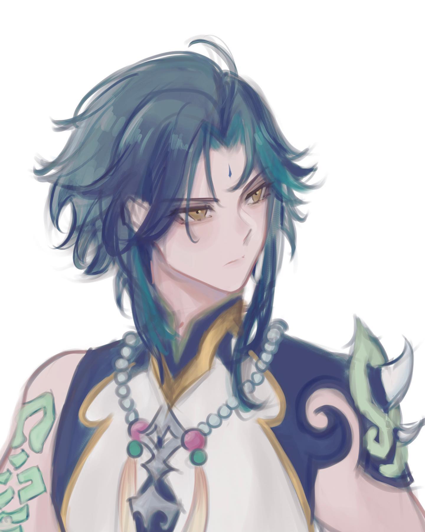 the image is a digital fanart of xiao from the video game genshin impact.  it's a closeup portrait depicting him from the chest up. xiao is portrayed in his signature teal hair,  wearing a refined, chineseinspired outfit that includes a necklace and decorative shoulder armor.  he has a serious but not unfriendly expression. the art style is animeinspired, with soft, light brushstrokes and subtle shading giving a painterly effect.  the background is a plain white.  there are subtle hints of tattoos on his arm.