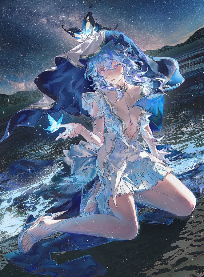 the image is a digital painting of an anime girl with long, flowing blue hair. she's wearing a white, ruffled dress and a large blue cloak. she's sitting on a beach at night, under a starry sky, with a butterfly fluttering nearby. the overall mood is ethereal and serene, with a focus on soft colors and flowing lines. the artwork is highly detailed and shows impressive artistic skill.