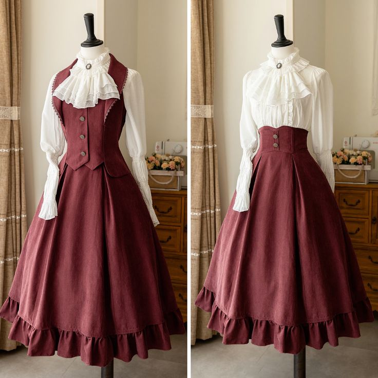 a maroon vintagestyle dress is shown in two different arrangements on dress forms. the dress has a ruffled hemline, a fitted bodice, and a long, flowing skirt. the first arrangement shows the dress with a white blouse worn underneath, while the second arrangement shows the dress without the blouse. the dress is shown in a studio setting with a white background.