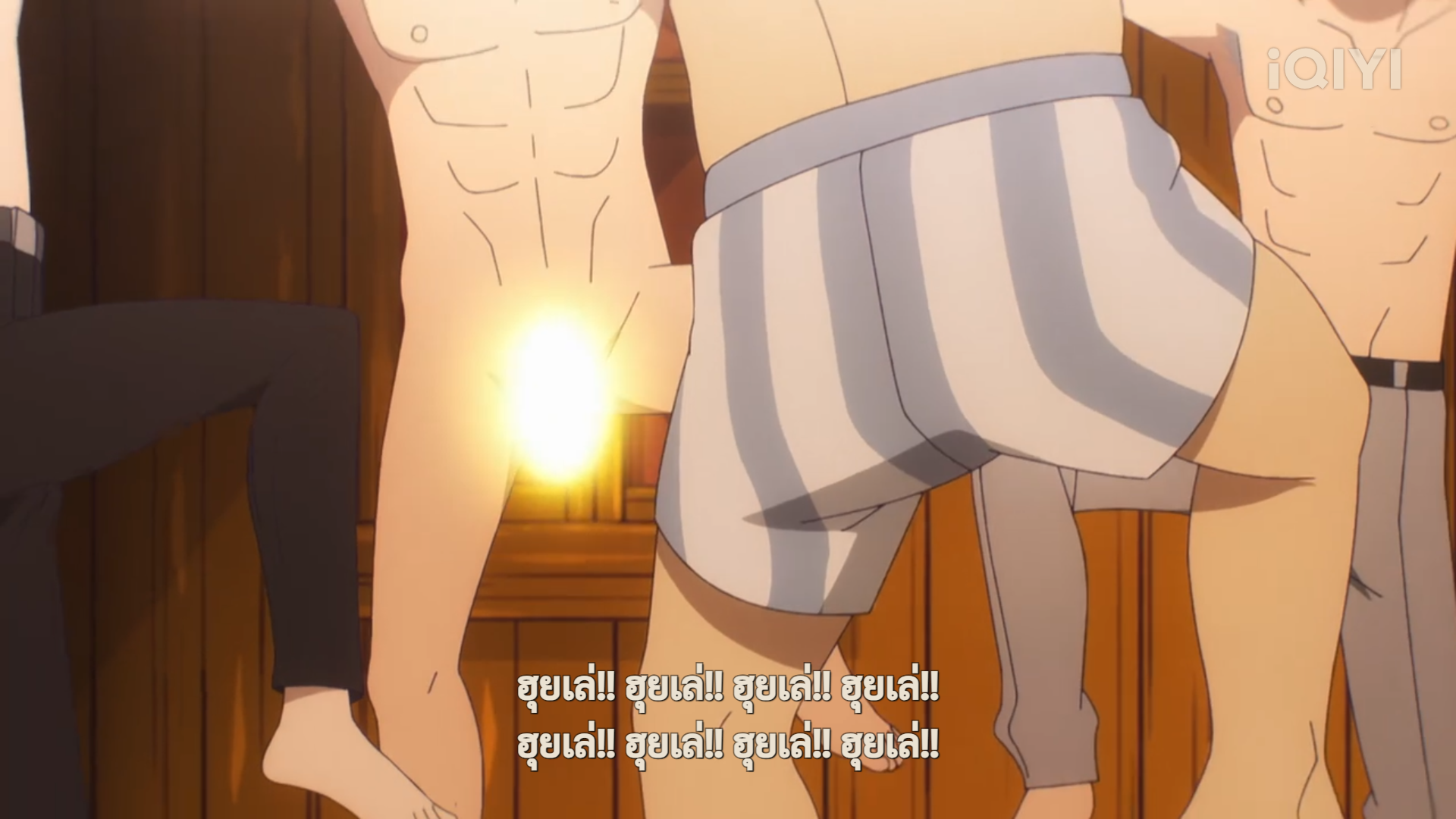 the image shows a scene from an anime. there are three men in the scene. two of them are shirtless and one is wearing a white and light blue striped pants. the men are in a bathroom, standing near a wooden door. it seems they're getting ready to take a bath. the scene has a humorous tone, as the men are
