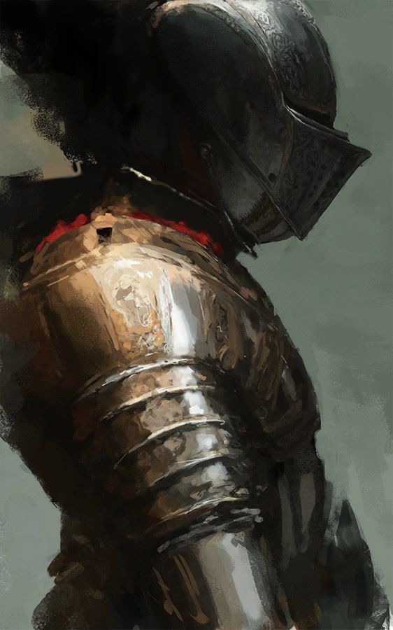 this is a digital painting of a knight in plate armor. the knight is shown from the shoulder up, wearing a helmet with the visor down. the painting uses a dark and muted color palette, with an emphasis on the textures of the armor.
