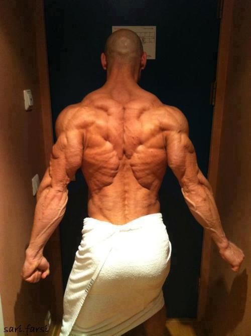 a muscular man is standing with his back to the camera, showcasing his incredibly defined back muscles. he's wearing a white towel around his waist and appears to be standing in a doorway, potentially in a gym or home environment.  the lighting emphasizes his muscular definition.