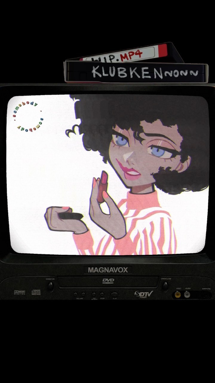 the image depicts a stylized digital illustration of a young woman with afrotextured hair applying lipstick, displayed on a retro magnavox television/dvd player.  two vhs tapes are stacked on top of the tv, one labeled "wip.mp4" and the other "klubkennonn," suggesting a video project or artistic creation. the overall aesthetic is a blend of 1990s nostalgia, animeinspired character design, and digital art techniques. the color palette is muted and somewhat desaturated, with pink and pastel tones dominating the character's attire and the overall feel. the style of the illustration and the use of vintage technology create a visually striking and intriguing scene.