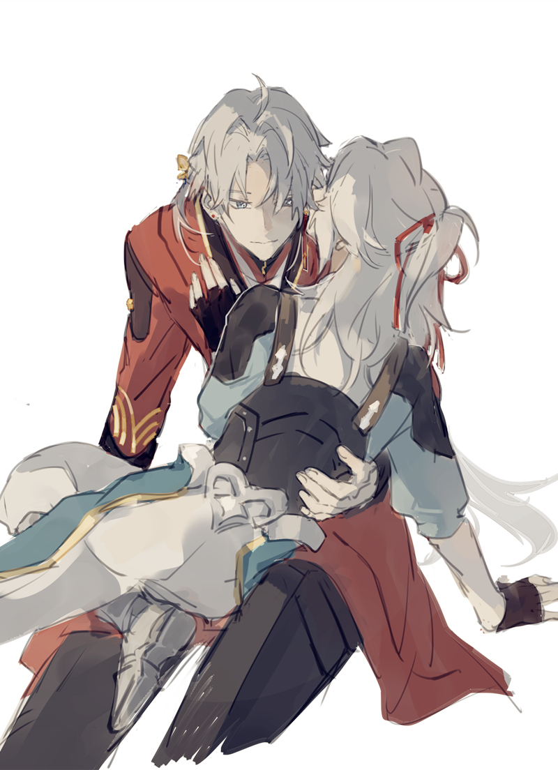 this is a digital drawing of two anime characters. the character on the left is male with white hair, red clothes, and black pants. he has his arm around the waist of the character on the right. the character on the right is female with white hair and blue clothes. her face is not clearly visible as she is looking down and is leaning her head against the male character's chest. both of them are looking at each other.