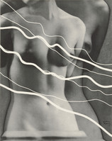the image is a black and white photograph featuring a nude female torso. the model's body is presented from the chest to the lower abdomen, angled slightly.  the photograph is not a straightforward portrait; instead, it incorporates stylized, white, flowing lines that overlay the model's body, creating an abstract and surreal effect. the lines appear somewhat luminous and seem to move across and around the figure, suggesting motion or energy. the overall feel is artistic and sensual, blending classical representation with a modern, abstract approach. the background is dark and indistinct, focusing attention entirely on the body and the interplay of lines and form. the image style suggests a vintage or mid20thcentury origin.
