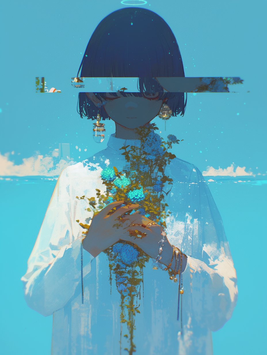 the image is a digital painting or illustration featuring an animestyle girl with short, dark blue hair. she has a slightly melancholic expression and is wearing a white, loosefitting shirt.  a glitch effect obscures part of her face. she holds a bouquet of light blue flowers close to her chest. the overall color palette is predominantly light blue and turquoise, creating a dreamy, ethereal atmosphere. the girl seems to be partially submerged in water, or there's a waterlike effect blending with her clothing and the background.  a faint halo is visible above her head. the style is surreal and evocative, suggesting a sense of sadness or quiet contemplation.