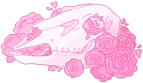 a pixel art illustration of a stylized animal skull surrounded by pink roses and small pink hearts on a transparent background. the skull and roses are rendered in shades of pink.