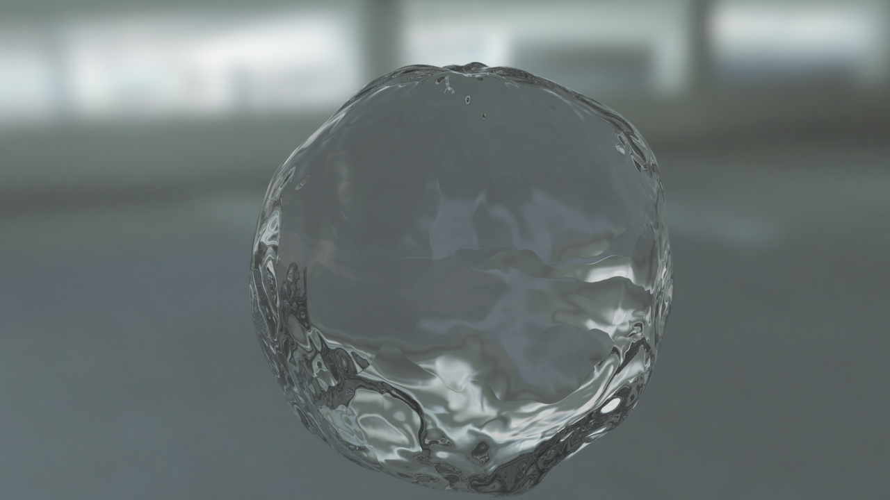 a translucent, spherical water drop floats in the center of the frame. it is a clear, transparent sphere with visible surface tension and internal reflections, creating a rippled effect. the water drop is isolated against a blurred, neutral background, which appears to be a room with soft, ambient lighting.