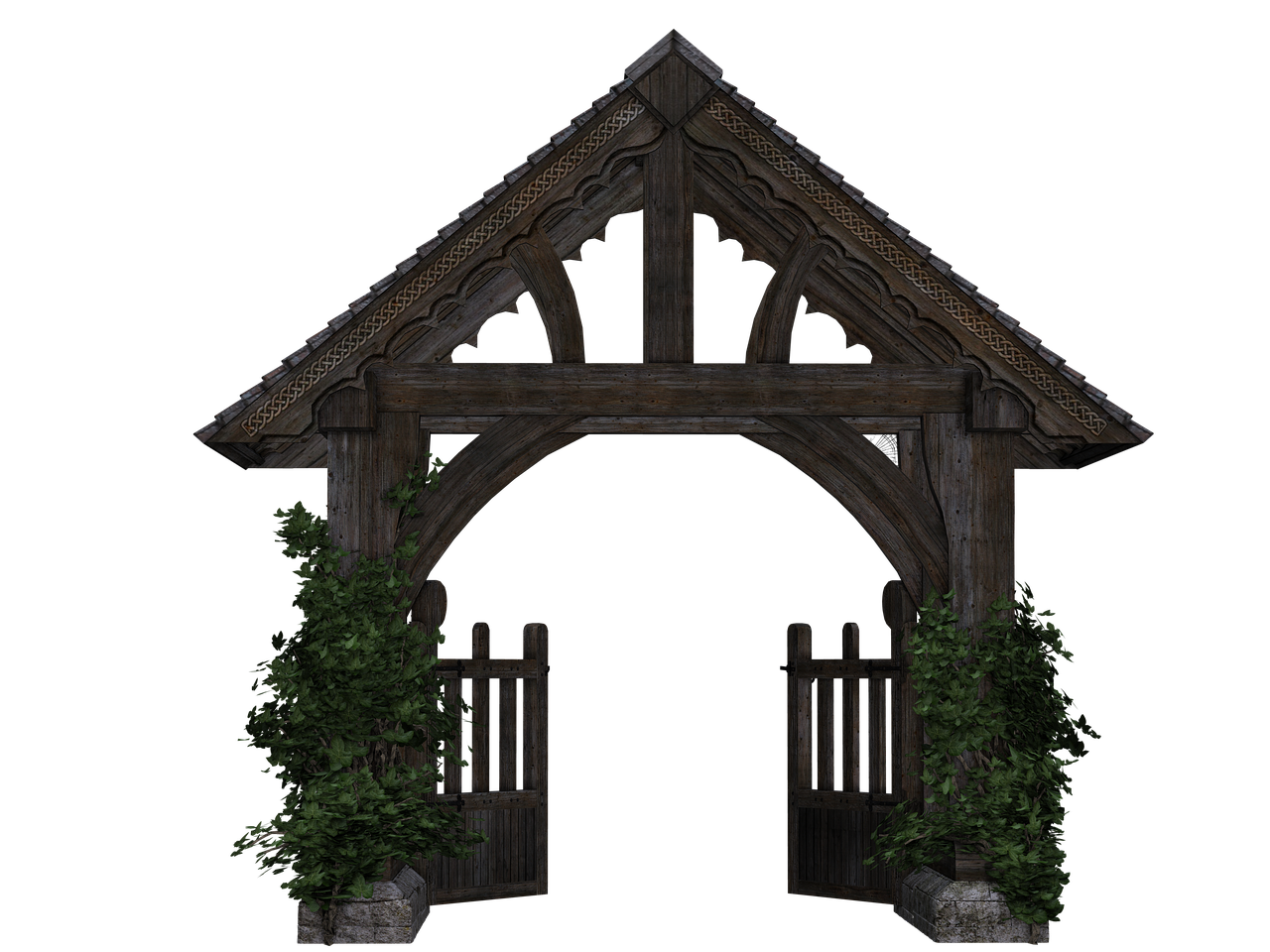 a rustic wooden gate with an arched entrance stands against a black background, flanked by leafy plants. the gate features ornate celticinspired designs on its frame and roofline, with stone bases supporting the gateposts. the wooden structure is aged and textured, giving it a medieval or oldworld feel. the gate is open, inviting passage into an unseen area.