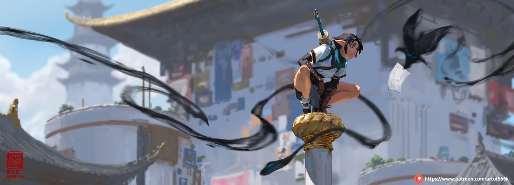 the digital painting shows a dynamic female character, possibly an elf, crouching on top of a gold column in a vibrant city setting.  she's poised in an action pose with dark, swirling energy or inklike trails emanating from her and forming shapes around her. the architecture in the background is inspired by traditional chinese or east asian styles, with white buildings and rooftops visible. the character has short dark hair, elflike ears, and wears a light colored shirt and darker shorts. she seems to be wielding a sword slung across her back. the overall style is a blend of anime and fantasy art, showcasing a strong sense of movement and action. the artist's signature, "g66k art," is visible in the bottomleft corner, and a patreon link is in the bottom right.
