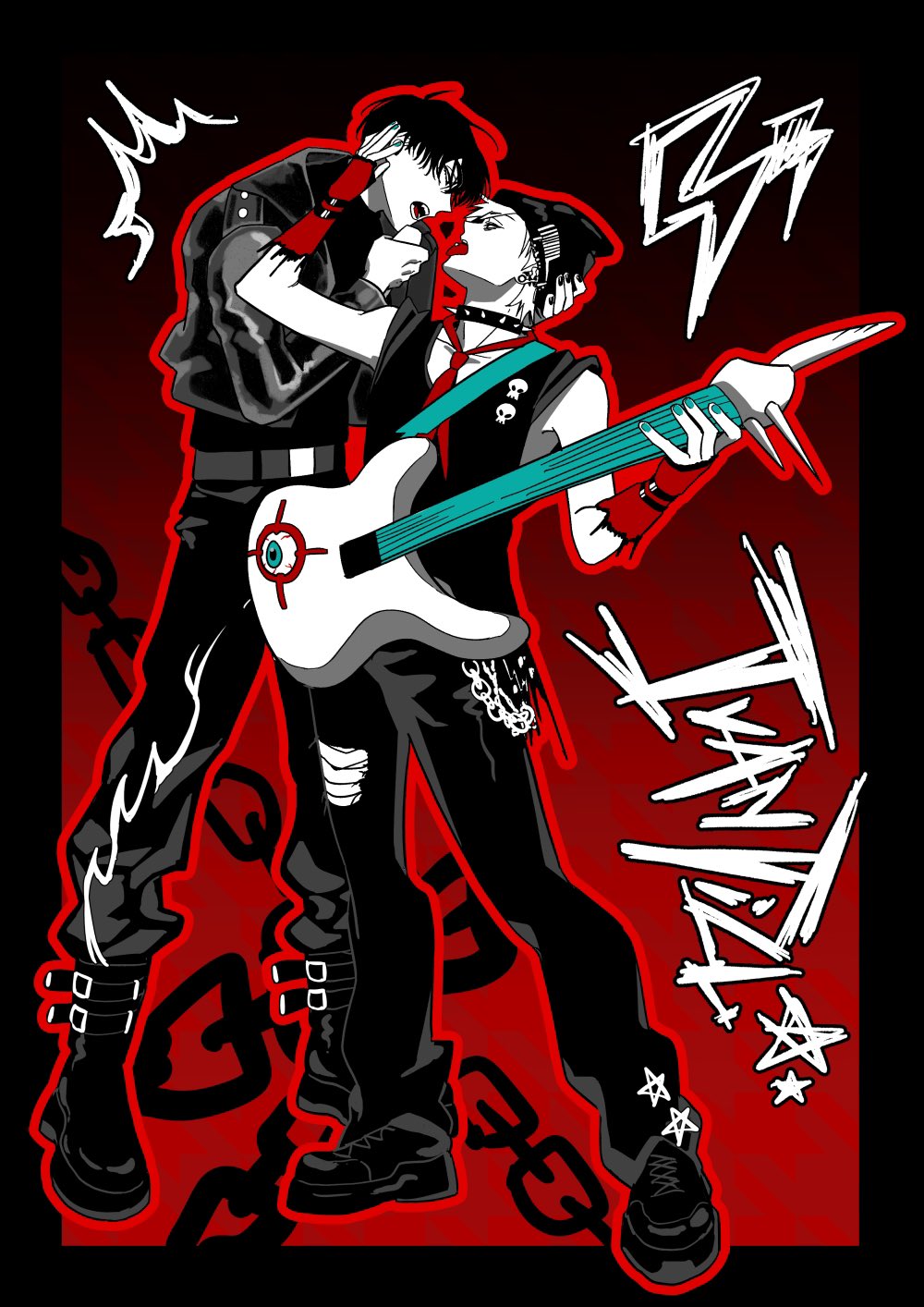 this is a vector illustration of a punk rock band. there are two musicians in the image. one is a male vocalist holding a microphone and singing while the other is a female guitarist playing the electric guitar. they are both dressed in dark, edgy clothing and have intense expressions on their faces. the image has a dramatic and energetic feel, capturing the rebellious spirit of rock and roll. the illustration is set against a background of red and black, with sharp lines and bold graphics that add to the image's gritty and cool aesthetic. the image is a perfect representation of the raw energy and passion of punk rock music.